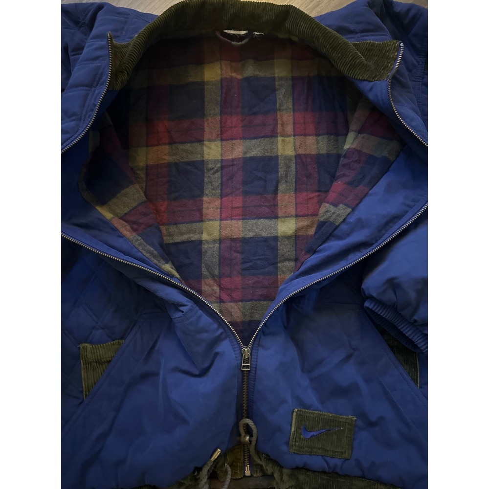 Nike Vintage Quilted Bomber Jacket Navy Blue Corduroy Trim Flannel Lined Mens - Picture 3 of 3